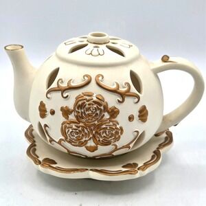 Partylite TEAPOT Tealight Candle Holder TEA TIME Luminary P7301 Porcelain Bisque
